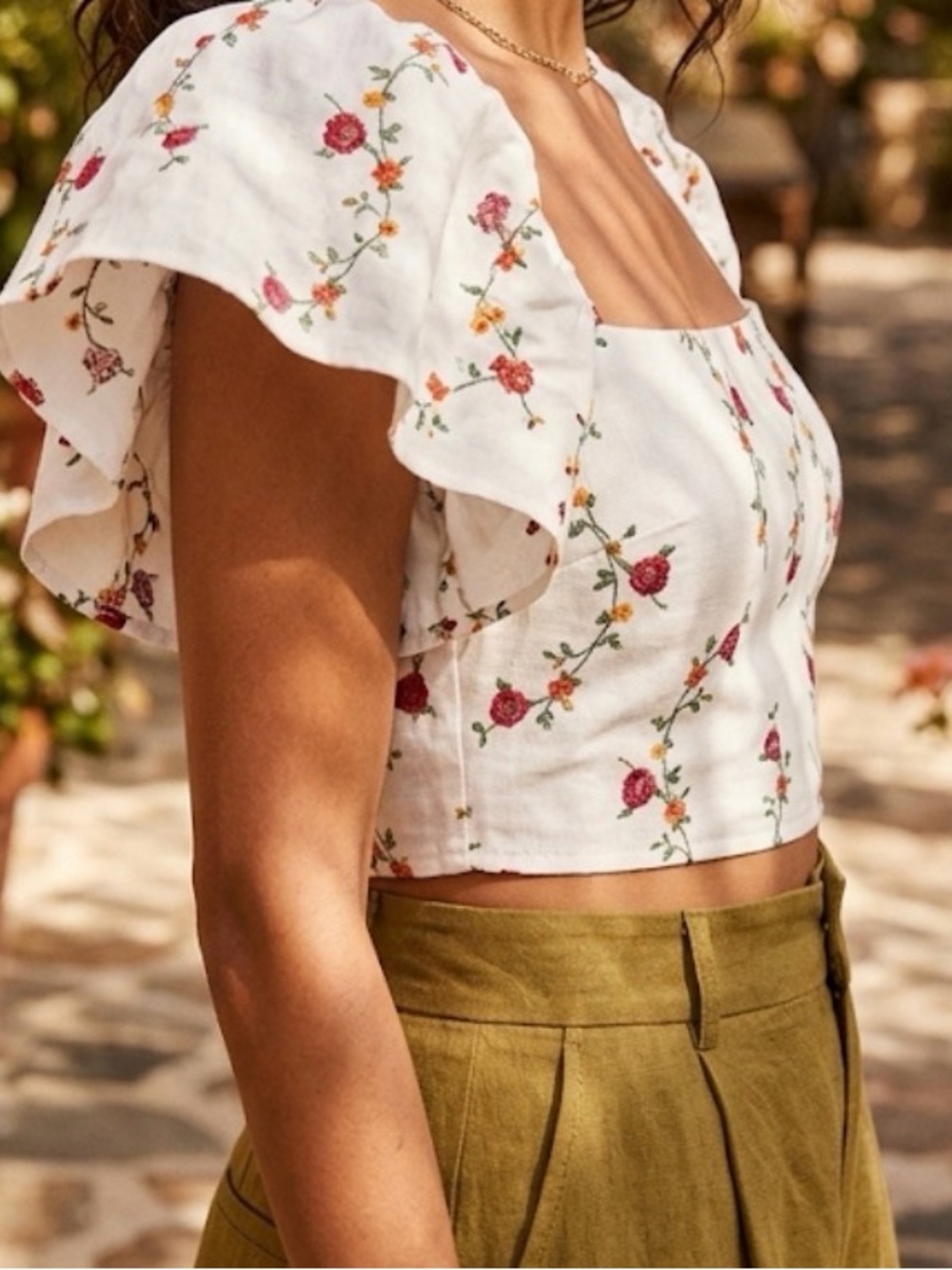 Zara White Floral Square-Neck Crop Top